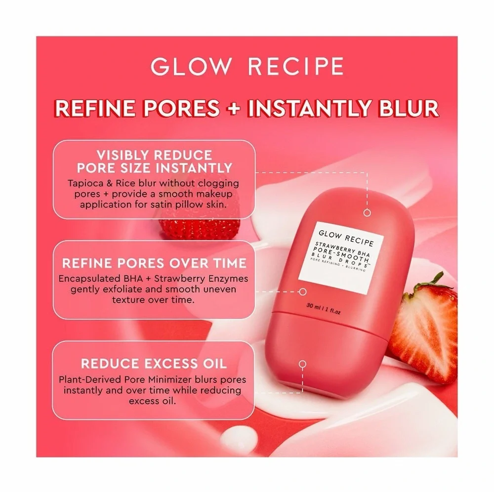 Glow Recipe Strawberry BHA Pore-Smooth Blur Drops Serum | 30 mL 🍓✨